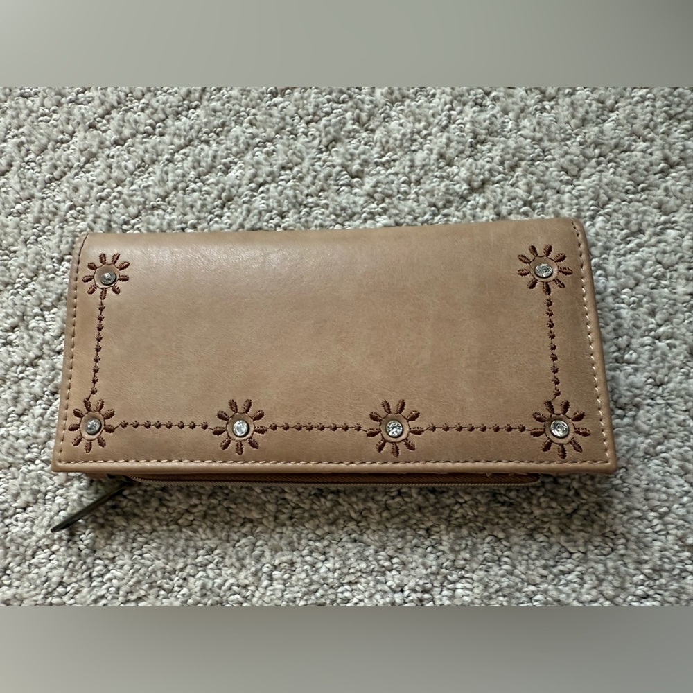 Maurices Tan Leather Wallet with Floral Pattern